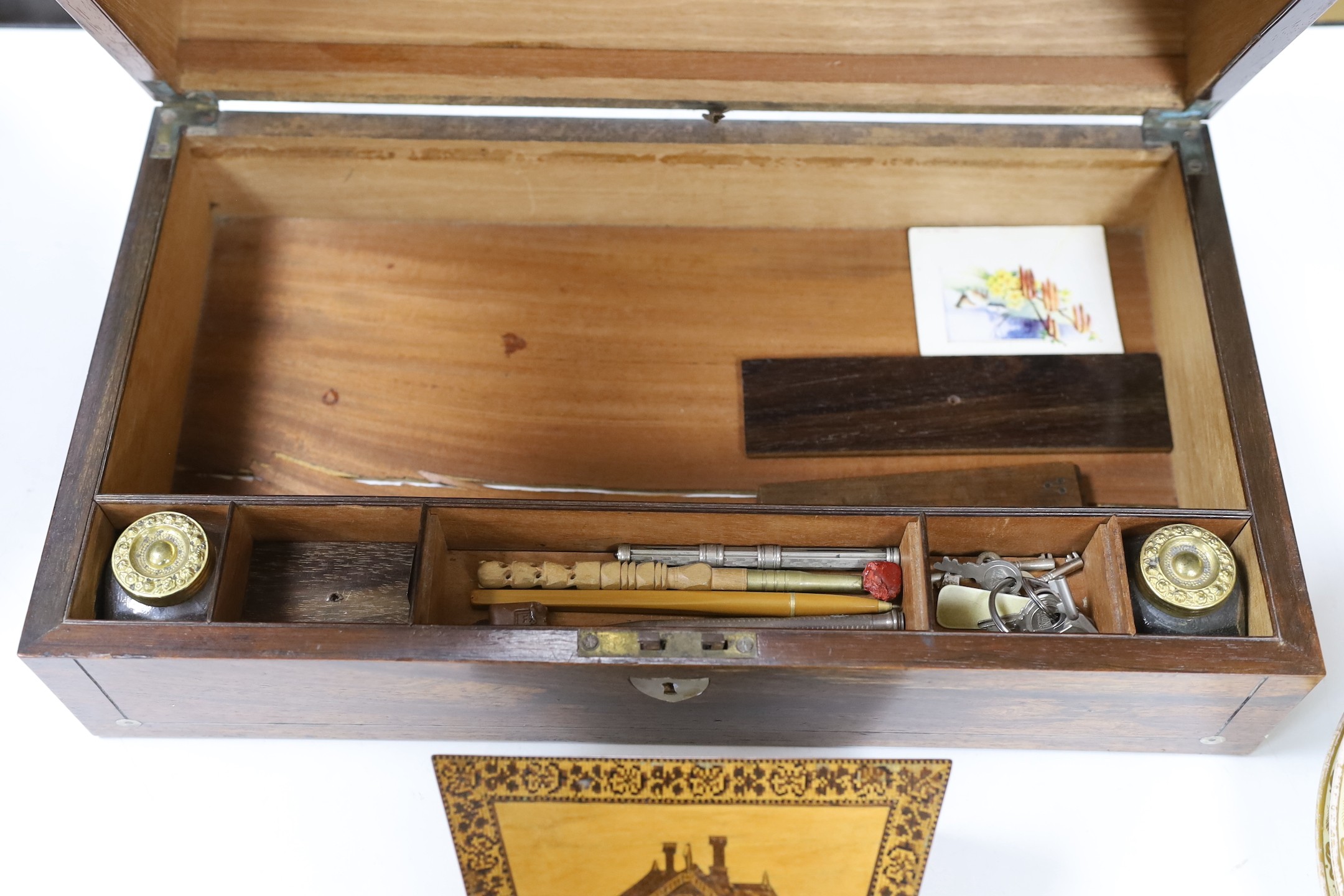 A Tunbridge ware gaugework ‘Hurst Wood Cottage’ rosewood stationery box, and a 19th century mother of pearl inset writing slope - 46cms x 26cms